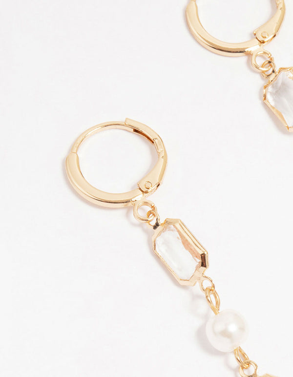 Gold Diamante Pearl Long Tassel Drop Earrings