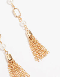 Gold Diamante Pearl Long Tassel Drop Earrings - link has visual effect only