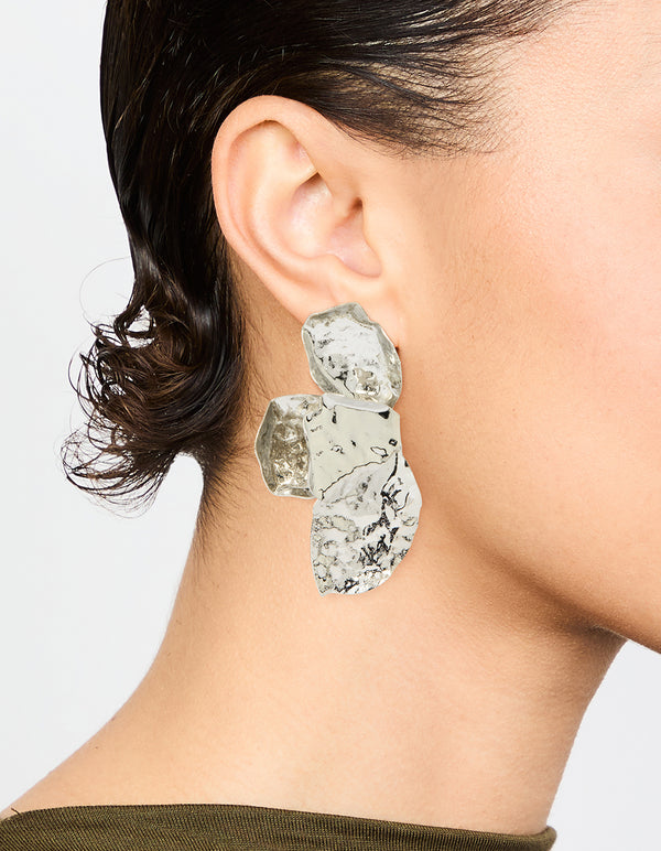Silver Hammered Statement Petal Stud Earrings