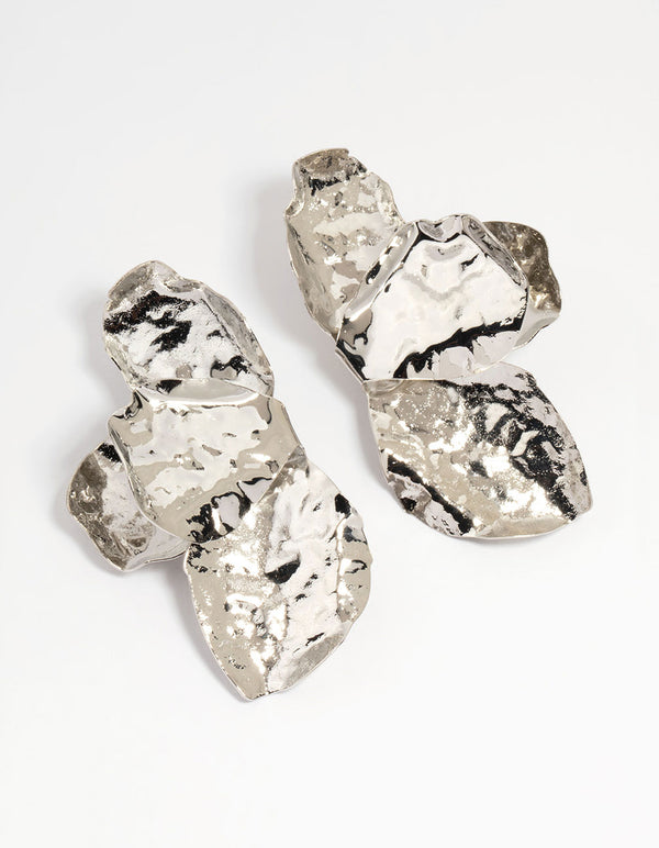 Silver Hammered Statement Petal Stud Earrings