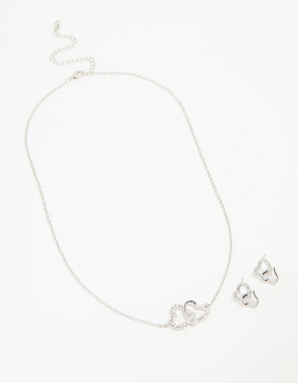 Silver Diamante Double Heart Necklace & Stud Earrings Set