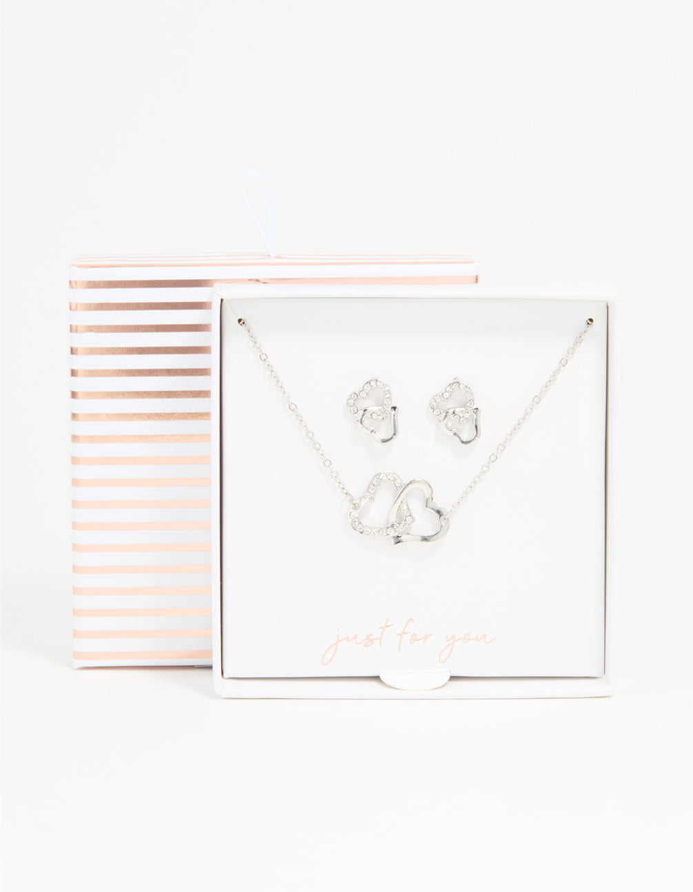 Silver Diamante Double Heart Necklace & Stud Earrings Set