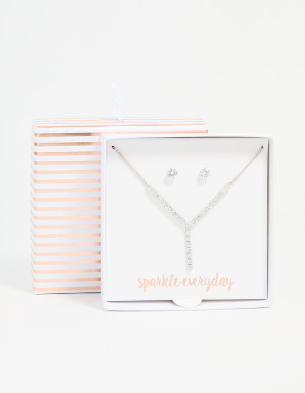 Silver Cubic Zirconia Y-Necklace & Stud Earrings Set