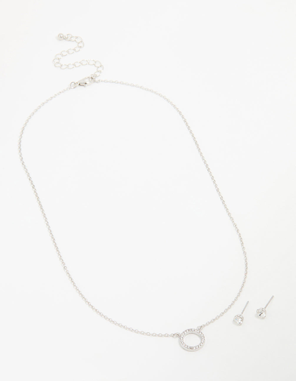 Silver Diamante Circle Pendant Necklace & Stud Earrings Set