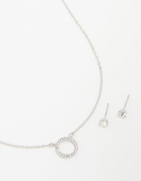 Silver Diamante Circle Pendant Necklace & Stud Earrings Set