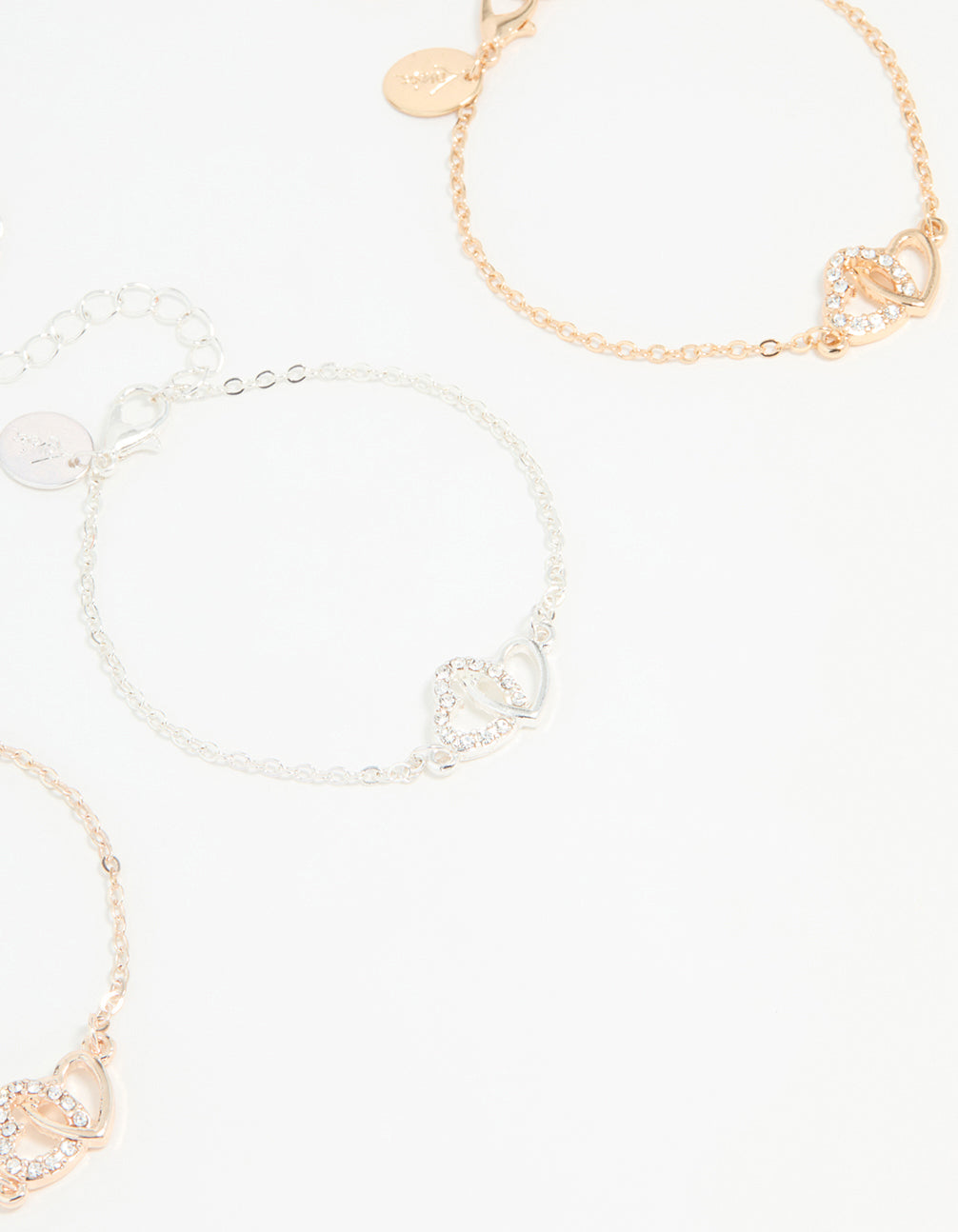 Mixed Metal Diamante Double Heart Bracelets 3-Pack