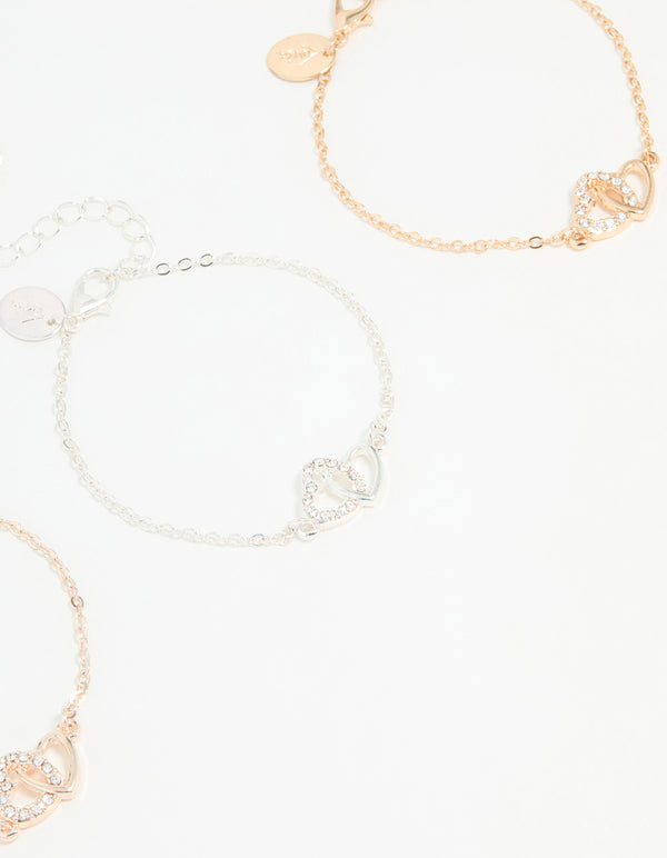 Mixed Metal Diamante Double Heart Bracelets 3-Pack