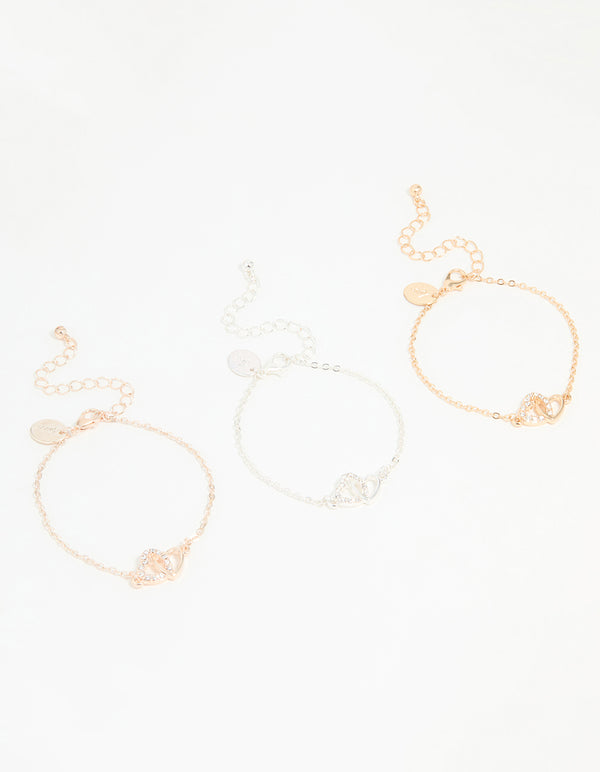 Mixed Metal Diamante Double Heart Bracelets 3-Pack