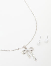 Silver Pearl Bow Necklace & Stud Earrings Set - link has visual effect only