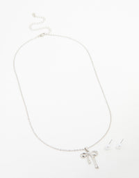 Silver Pearl Bow Necklace & Stud Earrings Set - link has visual effect only