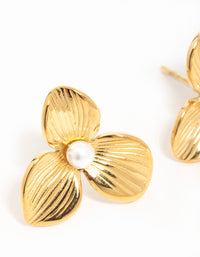 Waterproof Gold Plated Stainless Steel Pearl Flower Stud Earrings - link has visual effect only