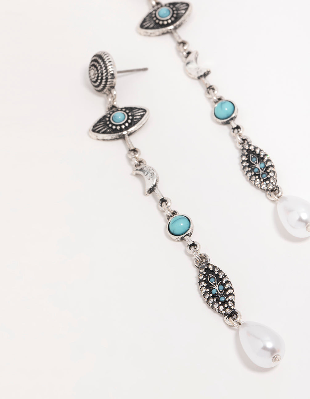 Antique Silver Pearl Turquoise Eye Drop Earrings