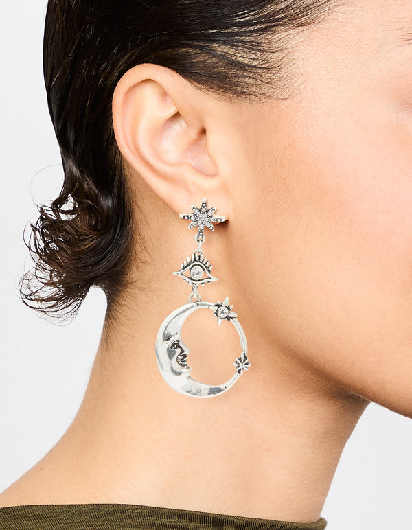 Silver Moon Celestial Drop Earrings