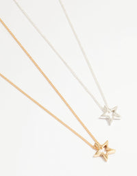 Mixed Metal Cutout Star Pendant Necklaces 2-Pack - link has visual effect only