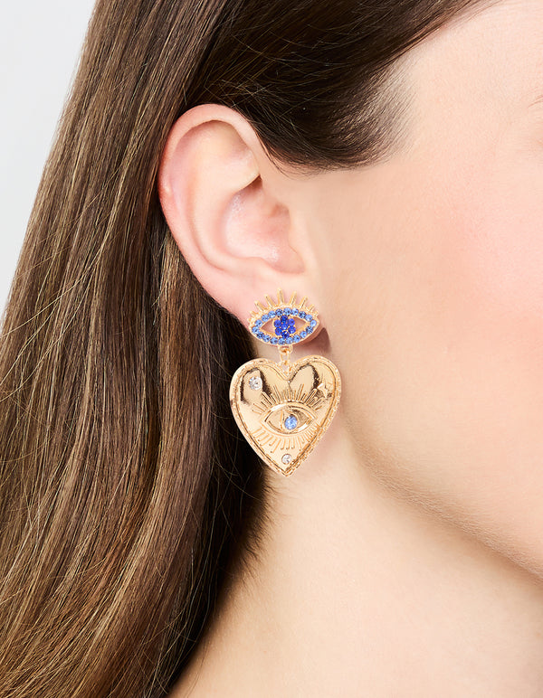 Gold Heart Evil Eye Drop Earrings