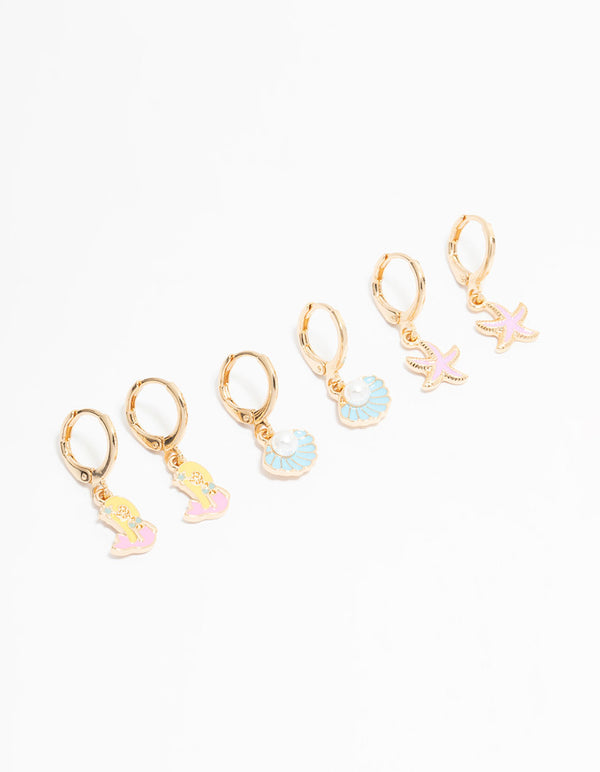 Kids Gold Pastel Mermaid & Shell Huggie Earrings 3-Pack