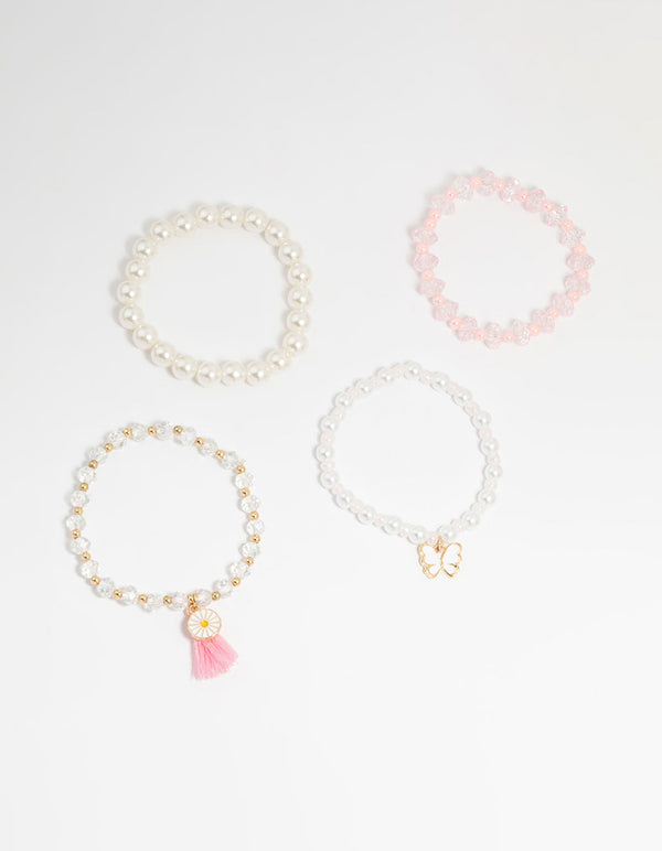 Kids Gold Pearl Beaded Tassel Bracelets 4-Pack