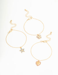Kids Gold Diamante Heart & Star Butterfly Bracelets 3-Pack - link has visual effect only
