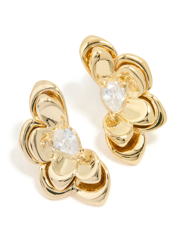 Gold Plated Cubic Zirconia Half Flower Stud Earrings