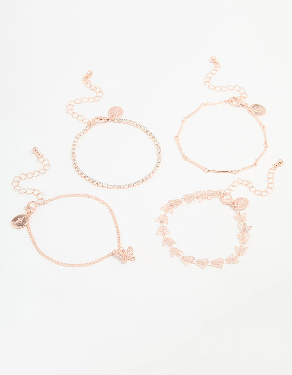 Rose Gold Butterfly & Chain Bracelets 4-Pack
