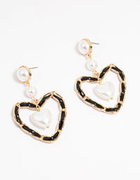 Gold Pearl Black Heart Drop Earrings - link has visual effect only
