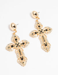 Gold Black Diamante Cross Drop Earrings - link has visual effect only