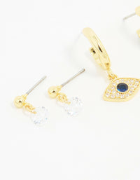 Gold Plated Cubic Zirconia Evil Eye Earrings 3-Pack - link has visual effect only