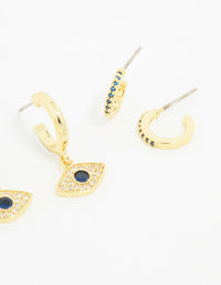 Gold Plated Cubic Zirconia Evil Eye Earrings 3-Pack - link has visual effect only