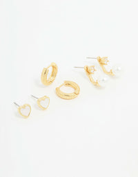 Gold Plated Heart & Pearl Earrings 3-Pack - link has visual effect only