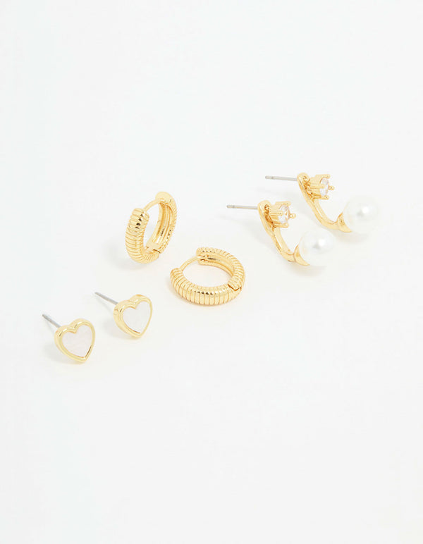 Gold Plated Heart & Pearl Earrings 3-Pack