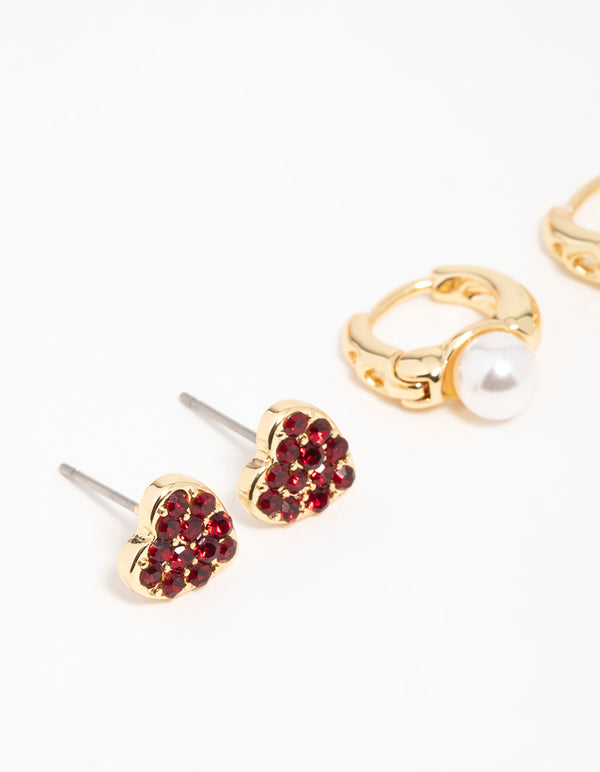 Gold  Chunky Heart Stud Earrings 3-Pack