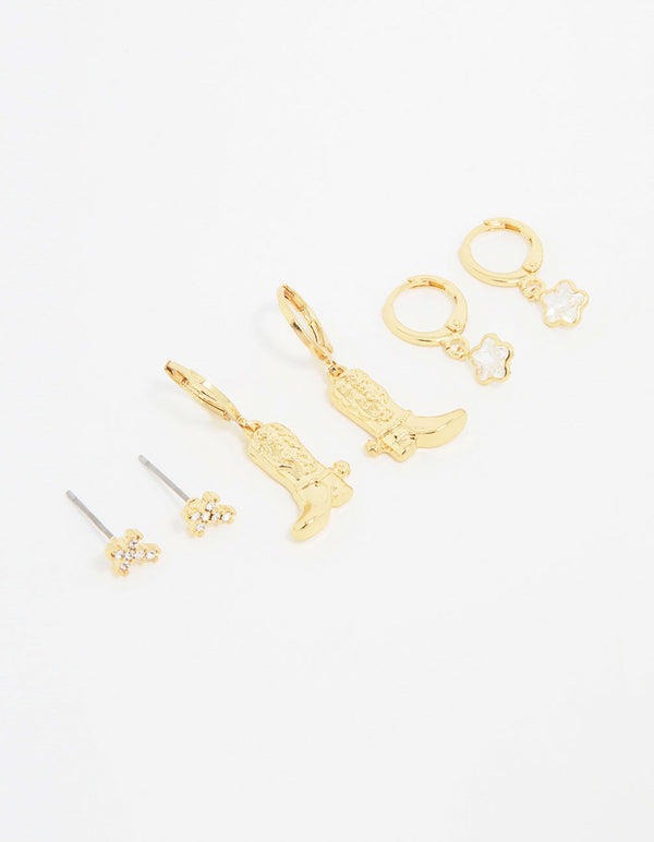 Gold Plated Cubic Zirconia Boot Earrings 3-Pack