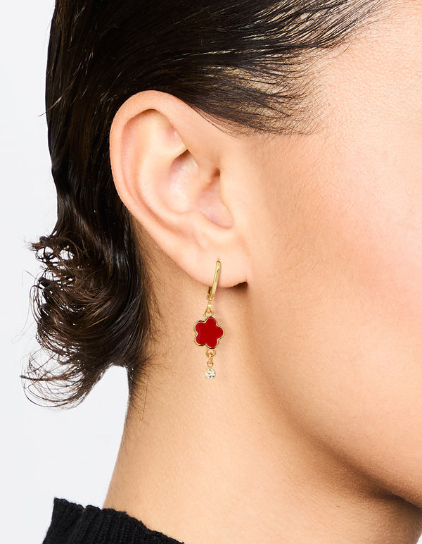 Gold Red Cubic Zirconia Floral Droplet Earrings