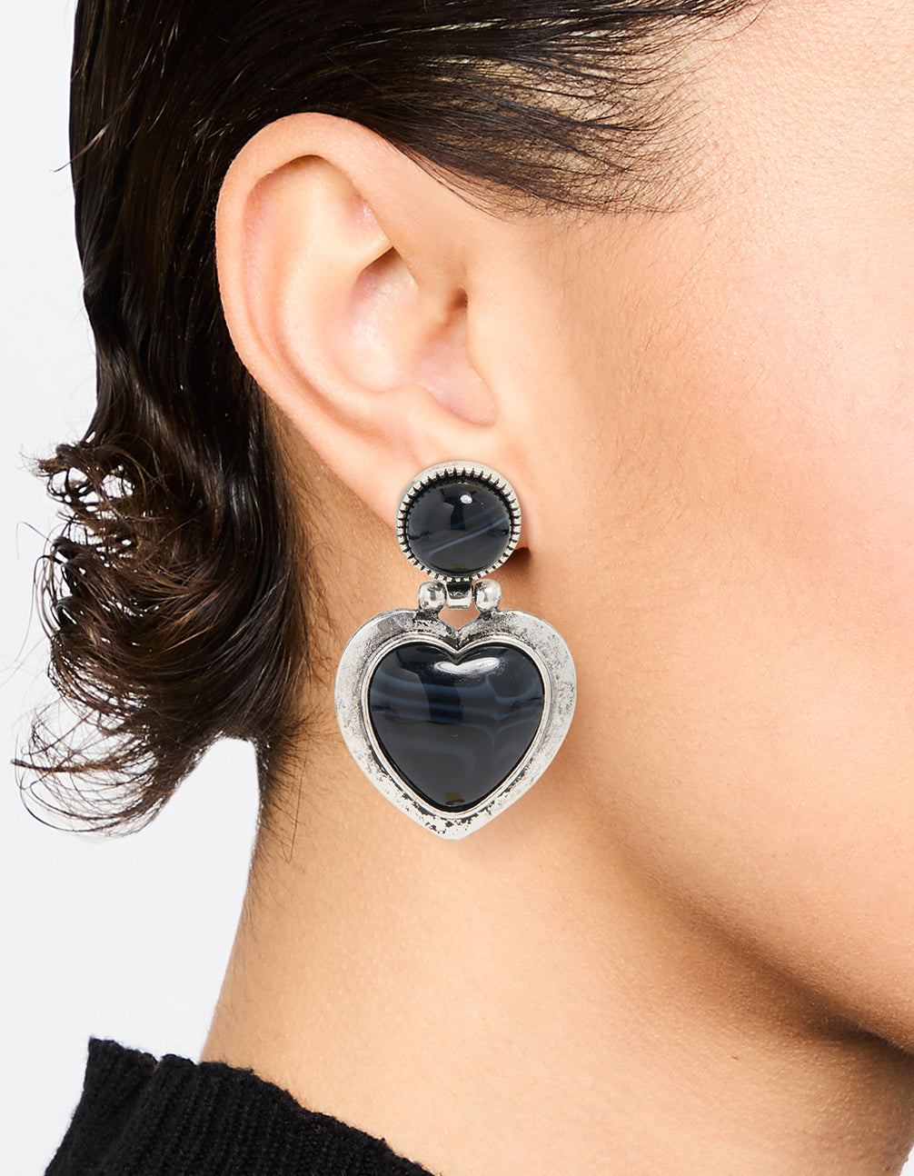 Silver Black Enamel Heart Drop Earrings