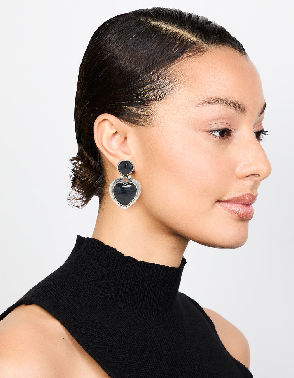 Silver Black Enamel Heart Drop Earrings