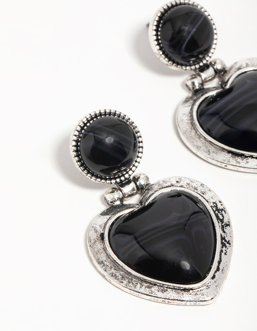 Silver Black Enamel Heart Drop Earrings