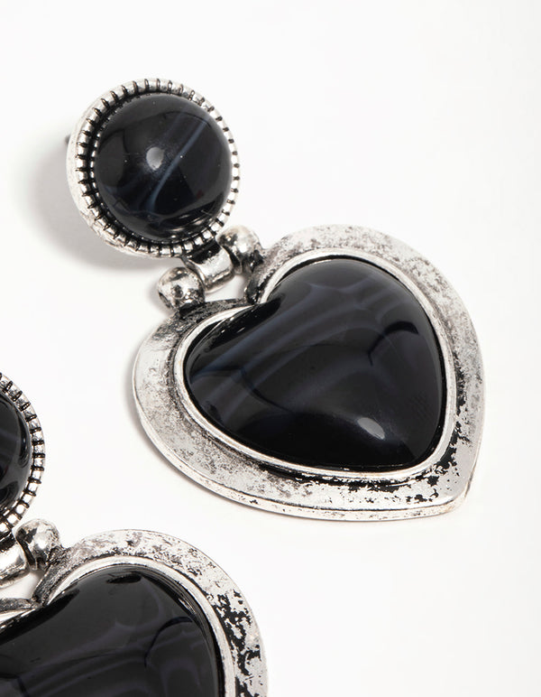 Silver Black Enamel Heart Drop Earrings