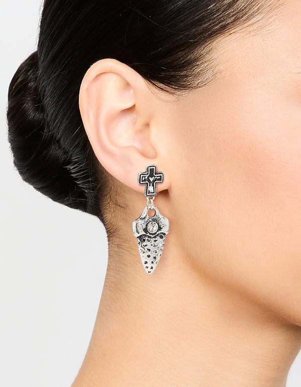 Silver Cross Dagger Drop Earrings