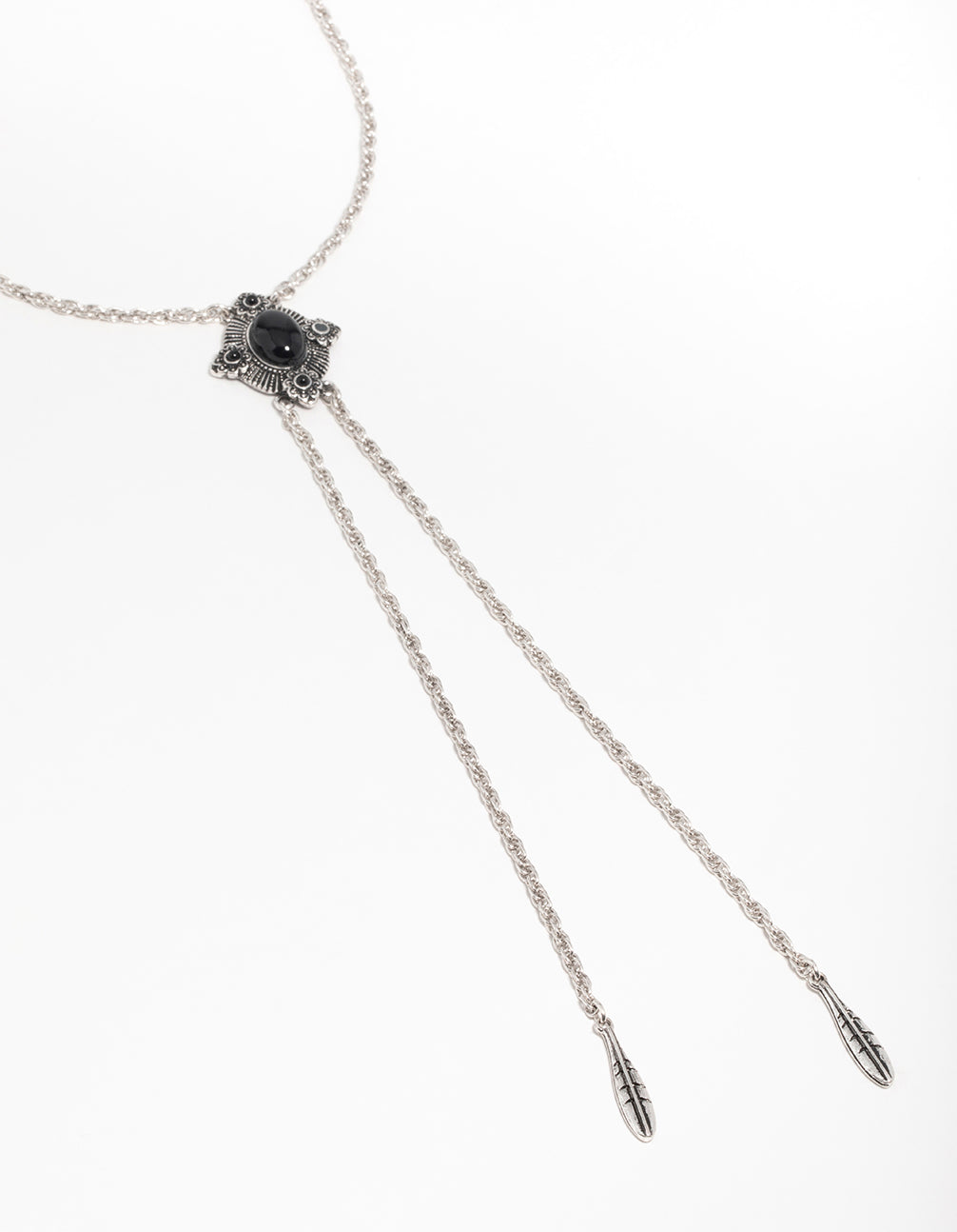 Silver Textured Black Stone Rhombus Y-Necklace