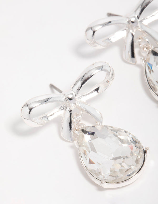 Silver Diamante Bow Drop Earrings
