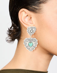 Antique Silver Turquoise Double Heart Drop Earrings - link has visual effect only