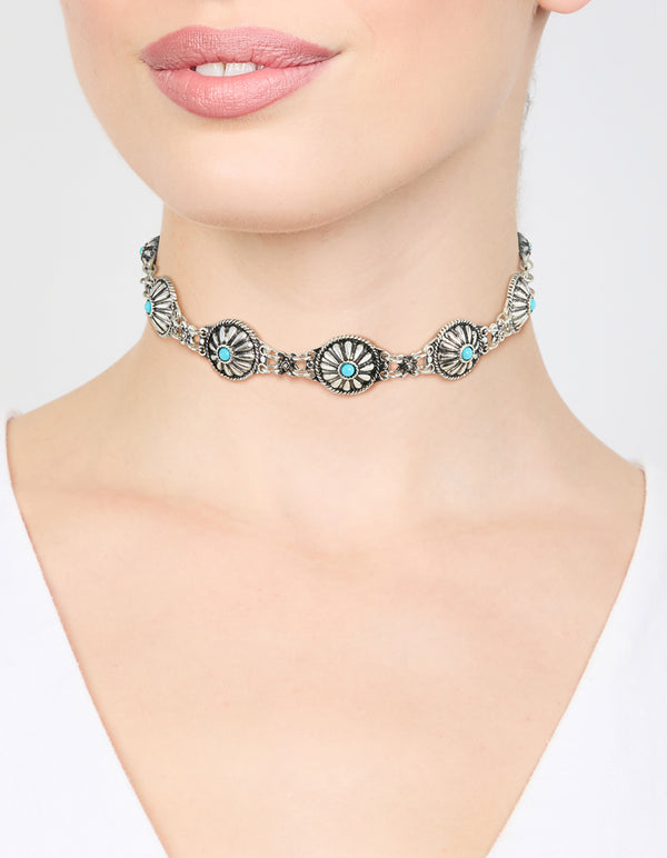 Antique Silver Circle Turquoise Choker Necklace