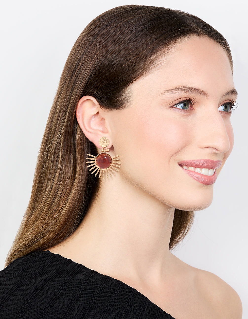 Gold & Brown Stone Circular Fan Drop Earrings