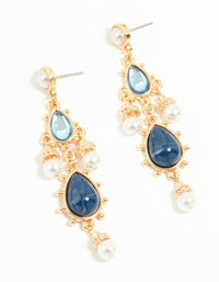 Gold Pearl Blue Diamante Teardrop Drop Earrings - link has visual effect only