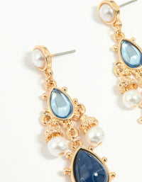 Gold Pearl Blue Diamante Teardrop Drop Earrings - link has visual effect only