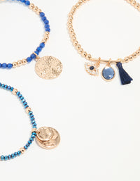 Gold Blue Beaded Stretch Bracelets 5-Pack - link has visual effect only
