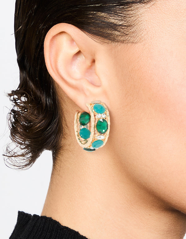 Gold Blue & Green Stone Hoop Earrings