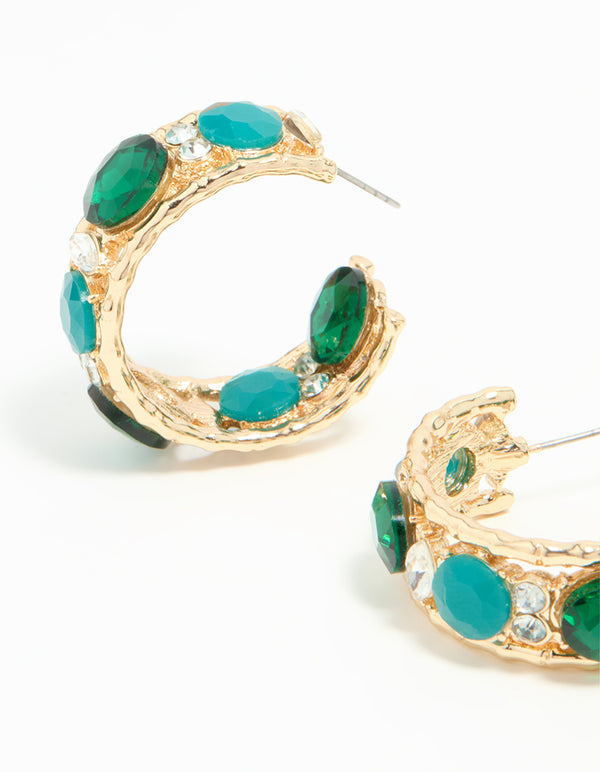 Gold Blue & Green Stone Hoop Earrings