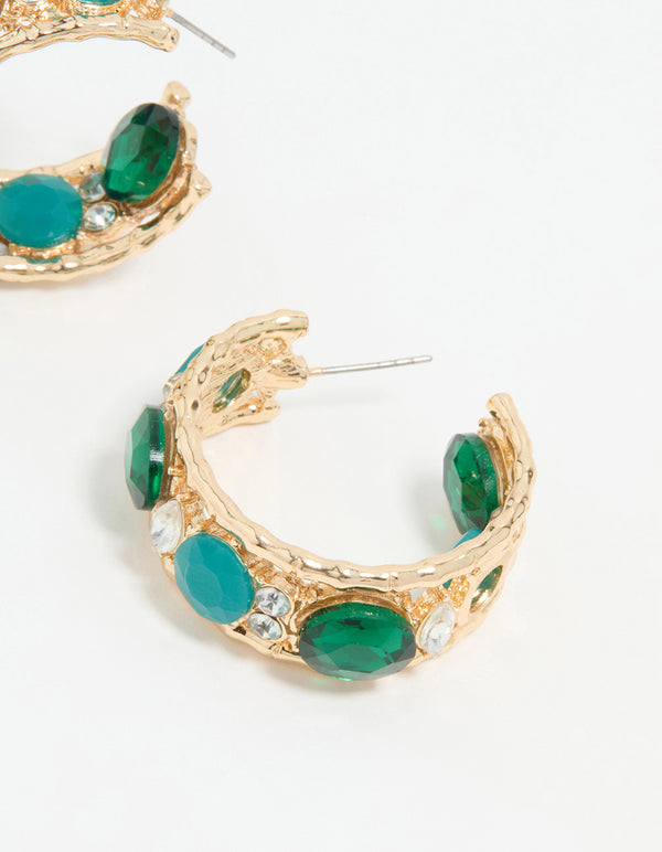 Gold Blue & Green Stone Hoop Earrings