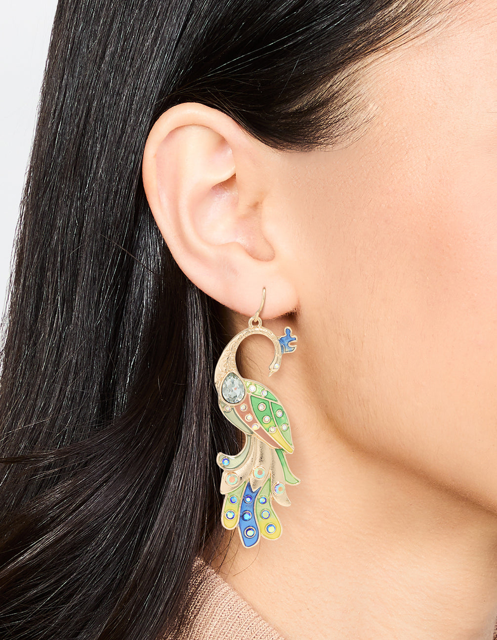 Gold Multi-Coloured Peacock Drop Earrings